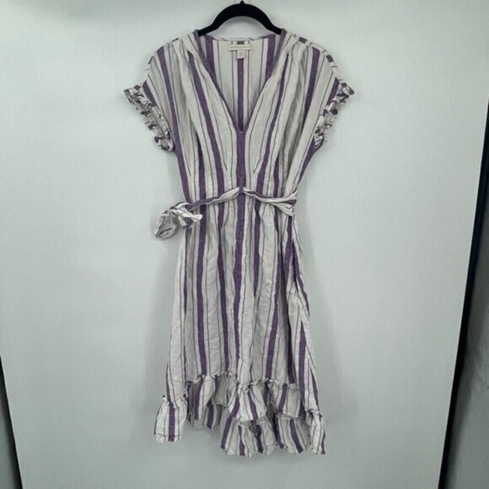 Chelsea & Violet Womens Dress XS V Neck Striped Purple White Linen Ruffle Casual